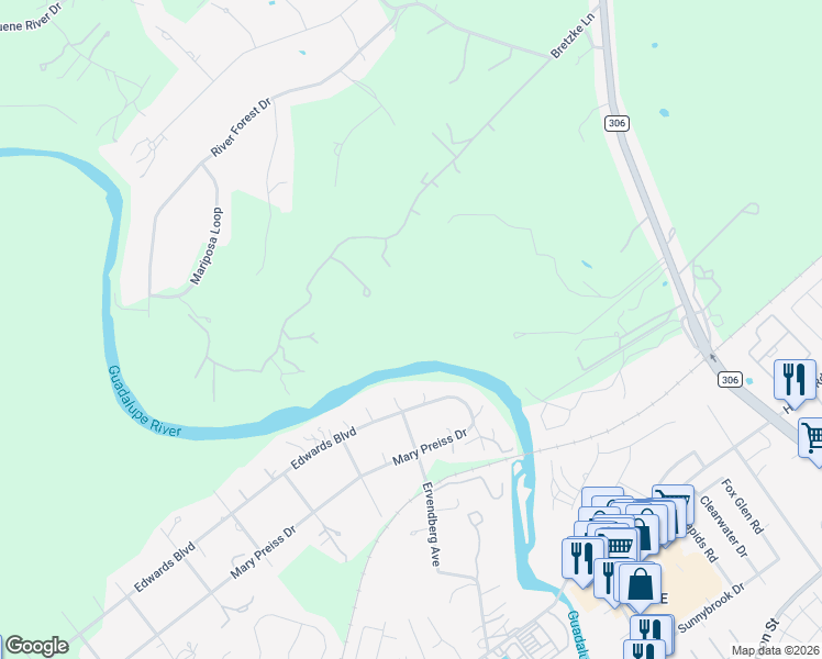 map of restaurants, bars, coffee shops, grocery stores, and more near 1427 Edwards Boulevard in New Braunfels