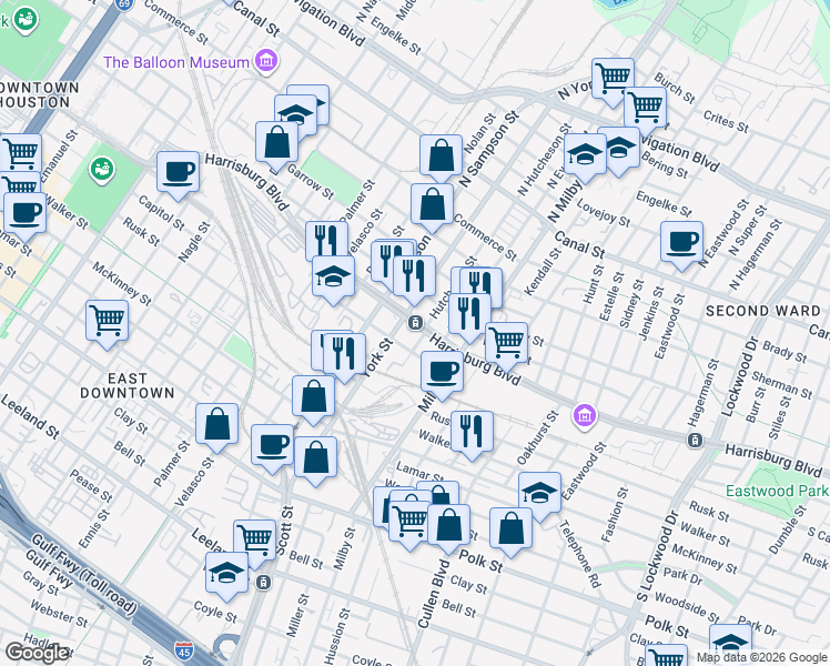 map of restaurants, bars, coffee shops, grocery stores, and more near 3530 Harrisburg Boulevard in Houston