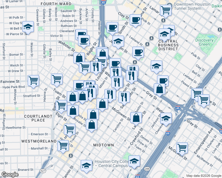 map of restaurants, bars, coffee shops, grocery stores, and more near 2310 Main Street in Houston