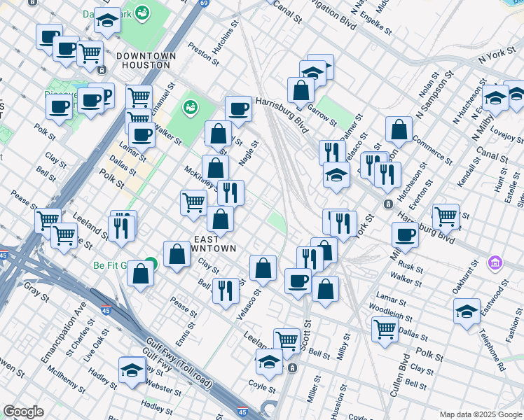 map of restaurants, bars, coffee shops, grocery stores, and more near 3103 McKinney Street in Houston