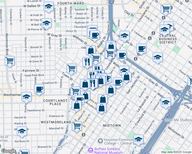 map of restaurants, bars, coffee shops, grocery stores, and more near 600 McGowen Street in Houston