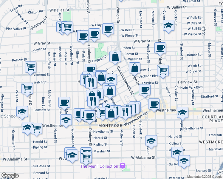 map of restaurants, bars, coffee shops, grocery stores, and more near 2100 Yupon Street in Houston