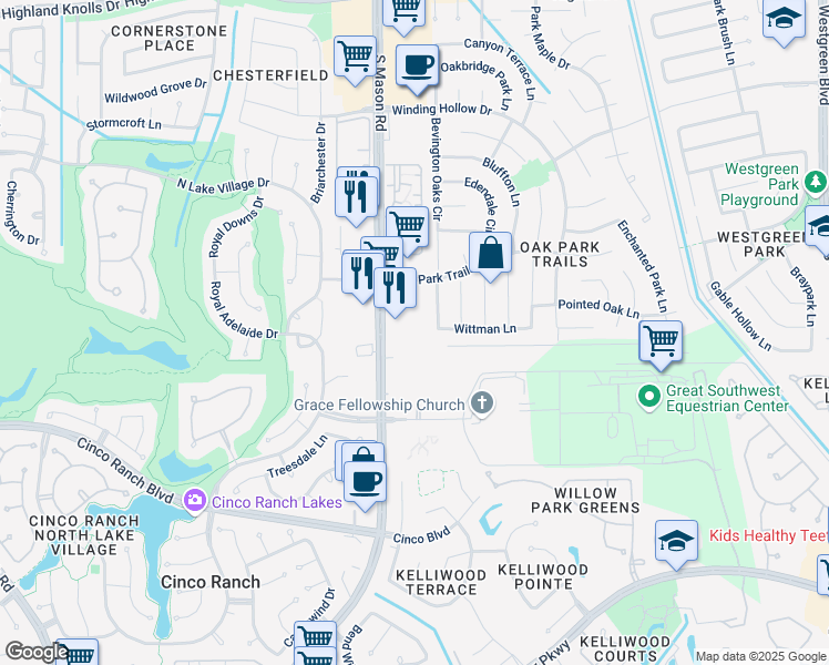 map of restaurants, bars, coffee shops, grocery stores, and more near 2499 South Mason Road in Katy