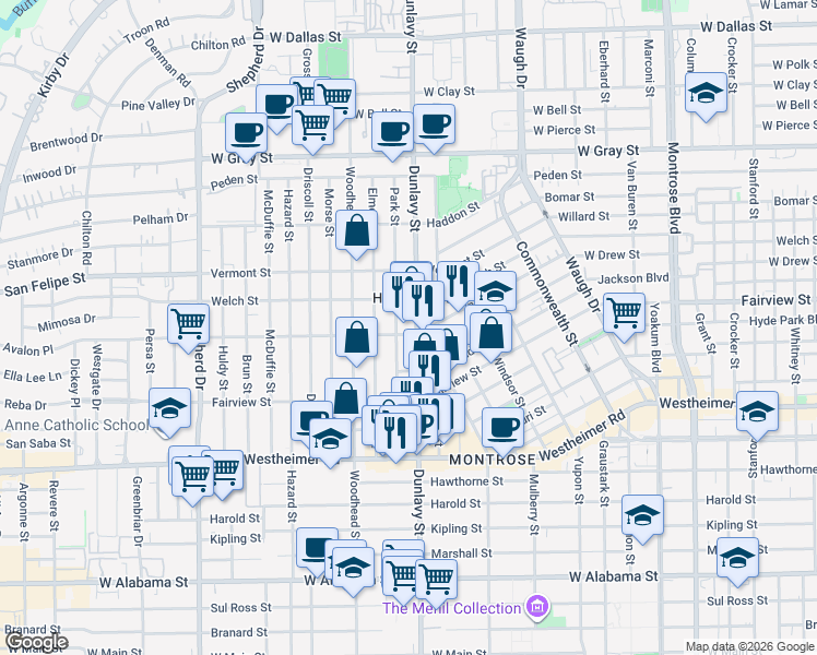 map of restaurants, bars, coffee shops, grocery stores, and more near 2118 Park Street in Houston