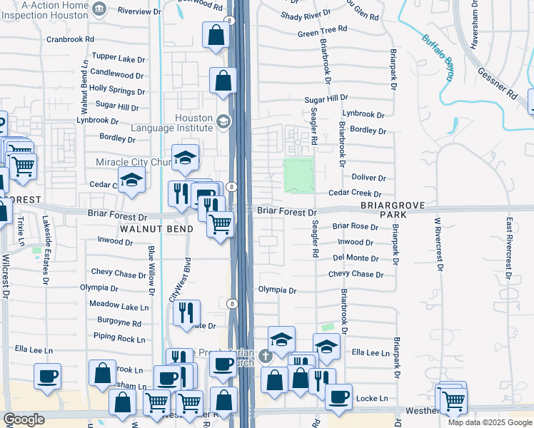 map of restaurants, bars, coffee shops, grocery stores, and more near 10242 Briar Forest Drive in Houston