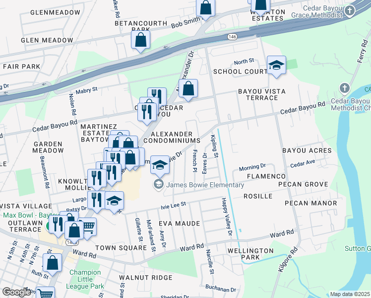 map of restaurants, bars, coffee shops, grocery stores, and more near 1801 James Bowie Drive in Baytown