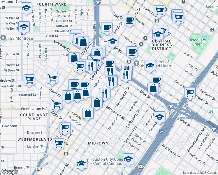 map of restaurants, bars, coffee shops, grocery stores, and more near 2220 Main street in Houston
