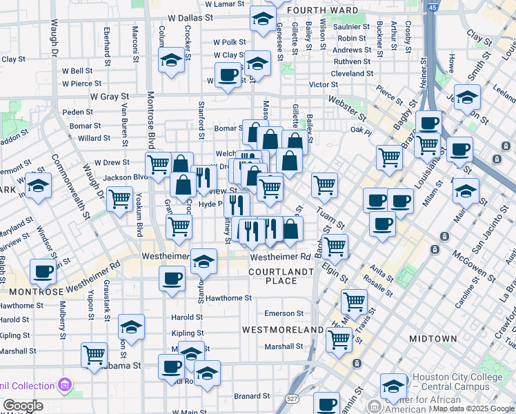 map of restaurants, bars, coffee shops, grocery stores, and more near 211 Fairview Street in Houston