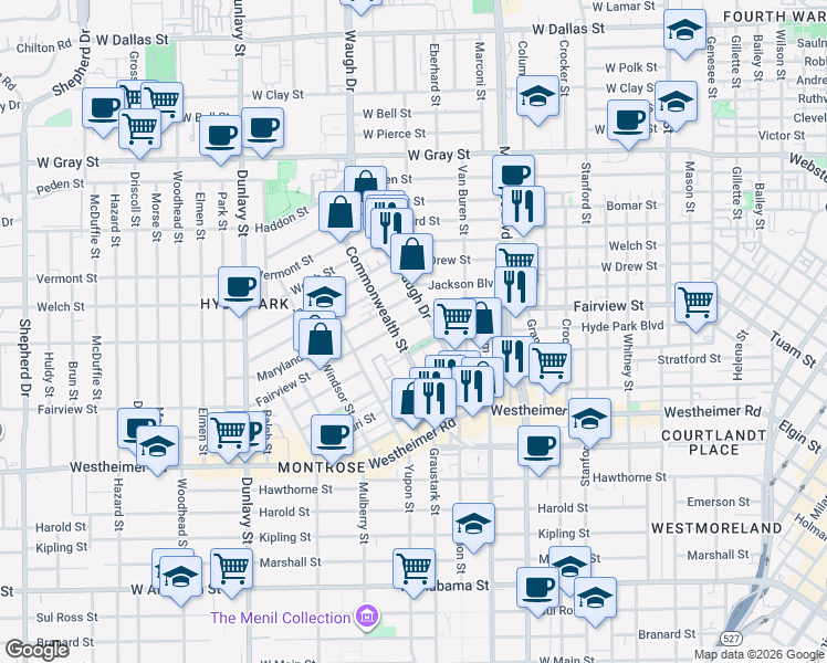 map of restaurants, bars, coffee shops, grocery stores, and more near 2318 Waugh Drive in Houston