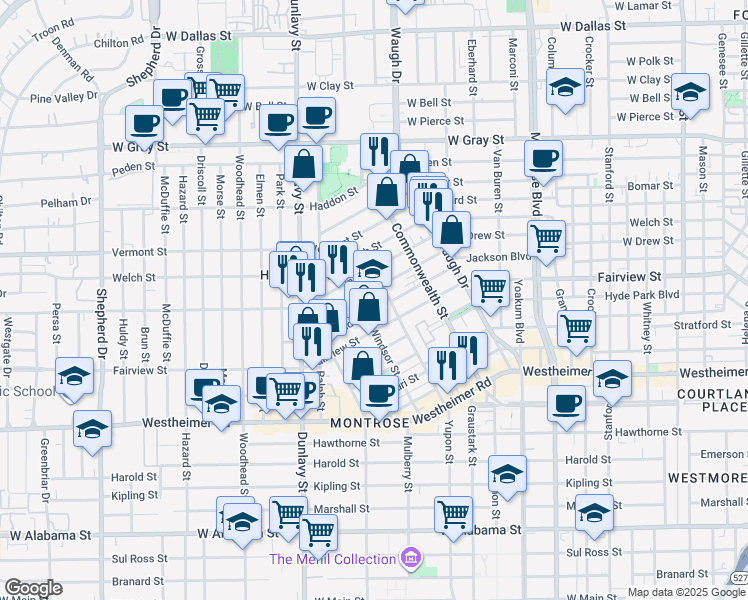 map of restaurants, bars, coffee shops, grocery stores, and more near 1536 Michigan Street in Houston