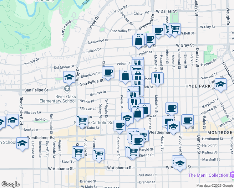 map of restaurants, bars, coffee shops, grocery stores, and more near 2208 Mimosa Drive in Houston