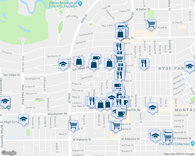 map of restaurants, bars, coffee shops, grocery stores, and more near 2208 Mimosa Drive in Houston