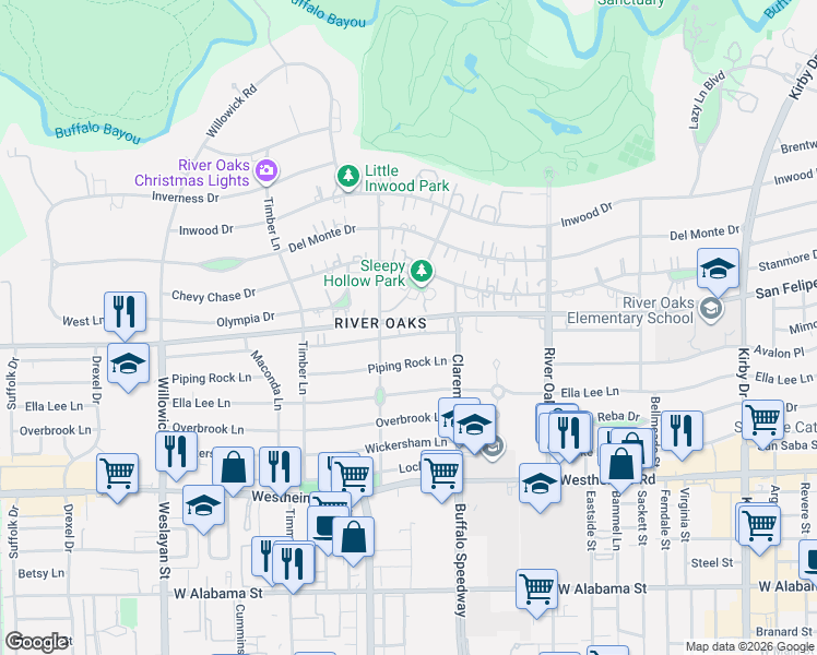 map of restaurants, bars, coffee shops, grocery stores, and more near 3391 Sleepy Hollow Court in Houston