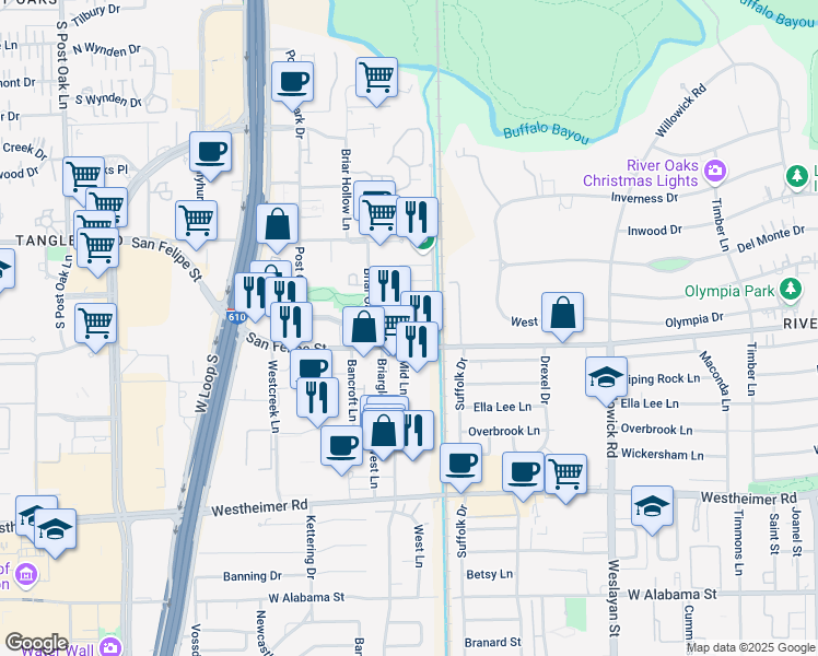 map of restaurants, bars, coffee shops, grocery stores, and more near 23 Briar Way in Houston