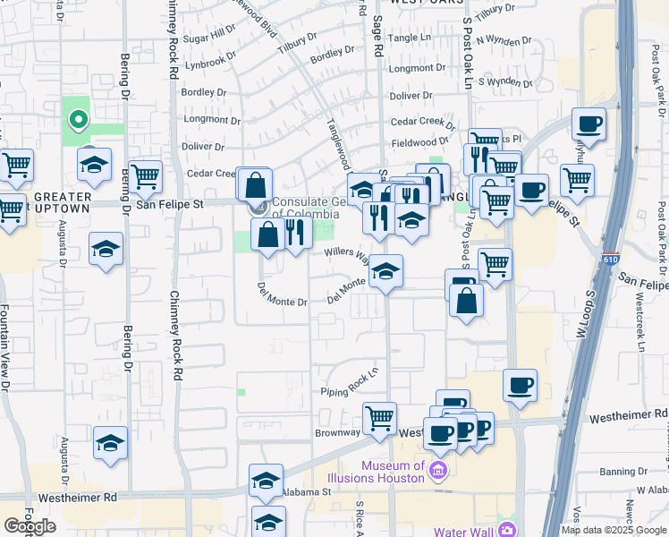 map of restaurants, bars, coffee shops, grocery stores, and more near 5325 Willers Way in Houston