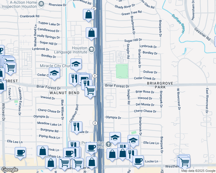 map of restaurants, bars, coffee shops, grocery stores, and more near 10242 Briar Forest Drive in Houston