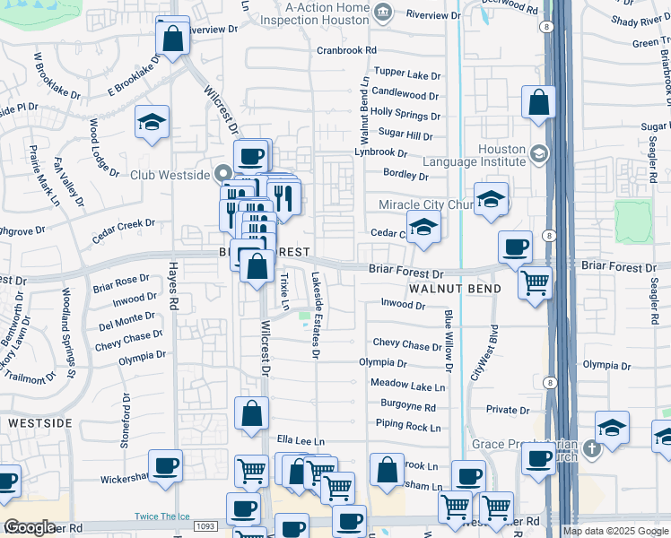 map of restaurants, bars, coffee shops, grocery stores, and more near 10950 Briar Forest Drive in Houston