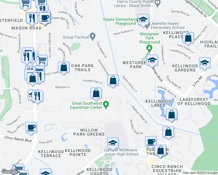 map of restaurants, bars, coffee shops, grocery stores, and more near 2310 Enchanted Park Lane in Katy