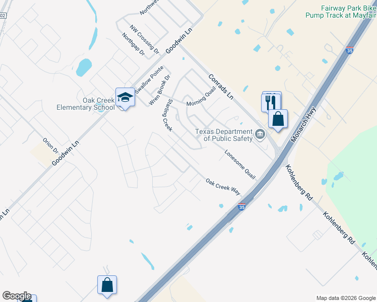 map of restaurants, bars, coffee shops, grocery stores, and more near 219 Ibis Falls Drive in New Braunfels