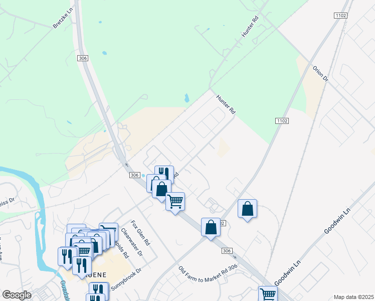 map of restaurants, bars, coffee shops, grocery stores, and more near 1200 Farm to Market Road 306 in New Braunfels