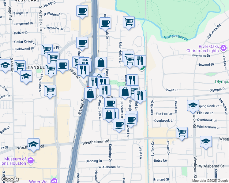 map of restaurants, bars, coffee shops, grocery stores, and more near 1919 Post Oak Park Drive in Houston