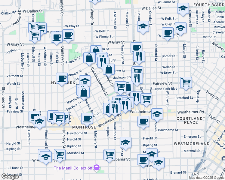 map of restaurants, bars, coffee shops, grocery stores, and more near 2410 Waugh Drive in Houston