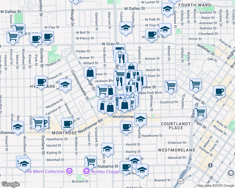 map of restaurants, bars, coffee shops, grocery stores, and more near Montrose Blvd & Hyde Park Blvd in Houston