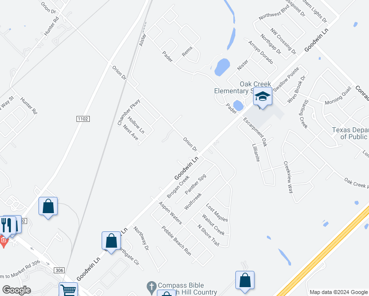 map of restaurants, bars, coffee shops, grocery stores, and more near 625 Orion Drive in New Braunfels