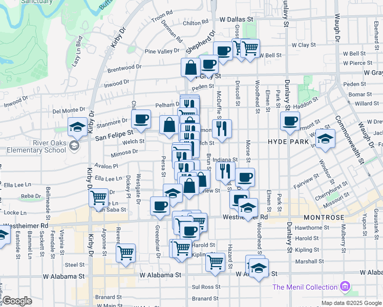 map of restaurants, bars, coffee shops, grocery stores, and more near 2001 South Shepherd Drive in Houston