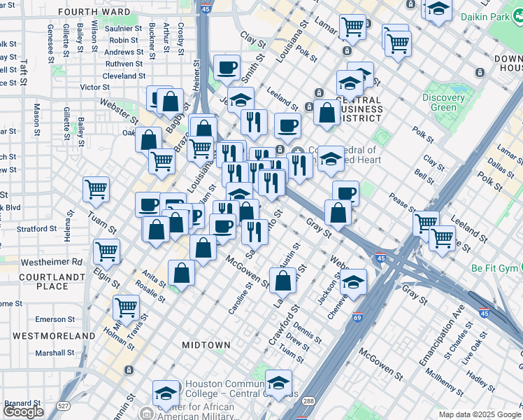 map of restaurants, bars, coffee shops, grocery stores, and more near 15 Webster Street in Houston
