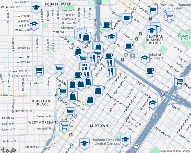 map of restaurants, bars, coffee shops, grocery stores, and more near 2303 Milam Street in Houston
