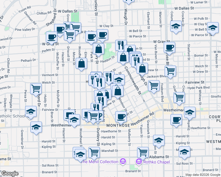 map of restaurants, bars, coffee shops, grocery stores, and more near 2022 Windsor Street in Houston