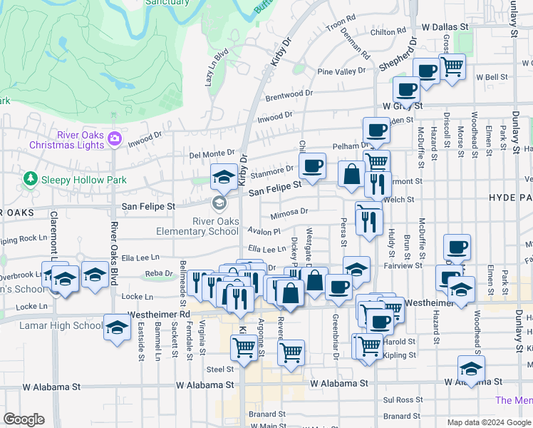 map of restaurants, bars, coffee shops, grocery stores, and more near 2001 Kirby Drive in Houston