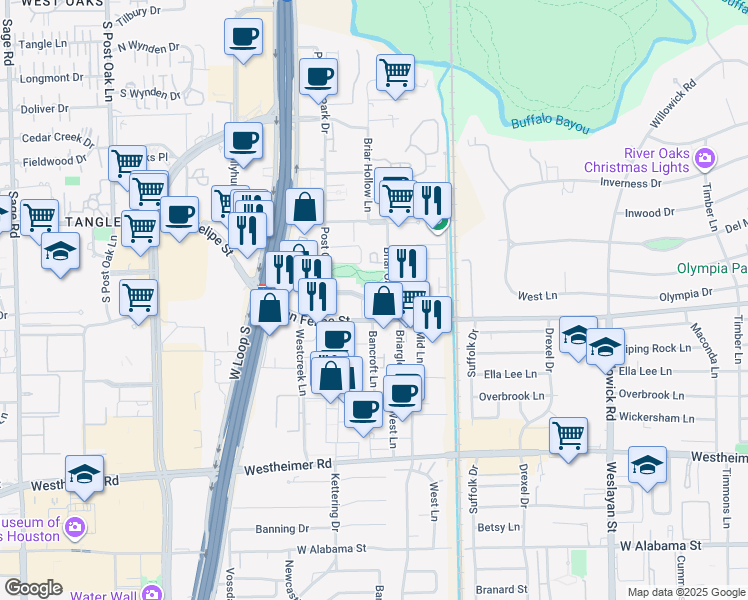 map of restaurants, bars, coffee shops, grocery stores, and more near 1911 Post Oak Park Drive in Houston