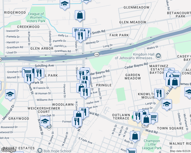 map of restaurants, bars, coffee shops, grocery stores, and more near 215 Cedar Bayou Road in Baytown