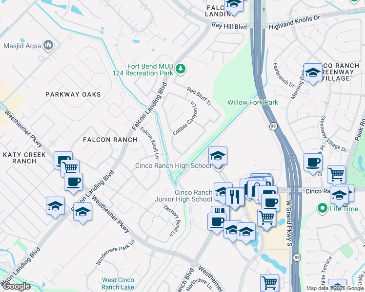 map of restaurants, bars, coffee shops, grocery stores, and more near 24514 Stone Falcon Court in Katy