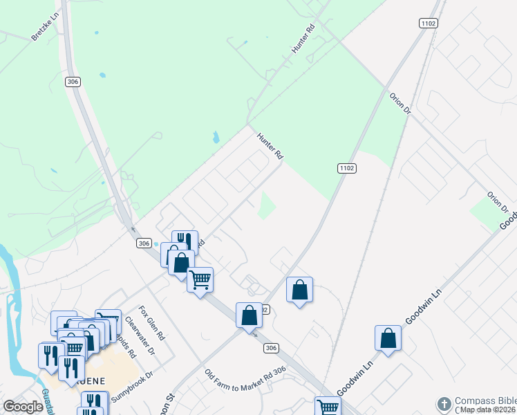 map of restaurants, bars, coffee shops, grocery stores, and more near 2250 Hunter Road in New Braunfels