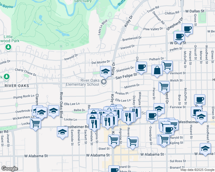 map of restaurants, bars, coffee shops, grocery stores, and more near 2008 Kirby Drive in Houston