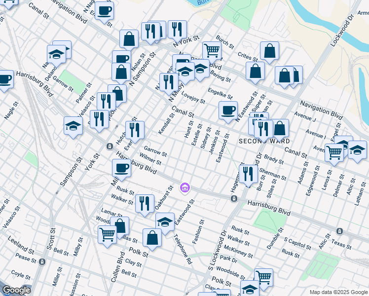 map of restaurants, bars, coffee shops, grocery stores, and more near 207 Hunt Street in Houston