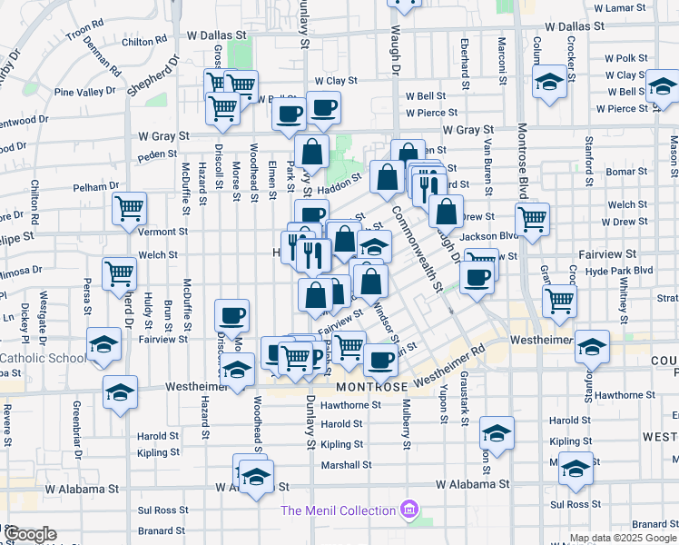map of restaurants, bars, coffee shops, grocery stores, and more near 2022 Windsor Street in Houston