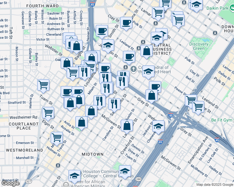 map of restaurants, bars, coffee shops, grocery stores, and more near 2201 Fannin Street in Houston