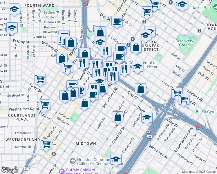 map of restaurants, bars, coffee shops, grocery stores, and more near 2201 Fannin Street in Houston