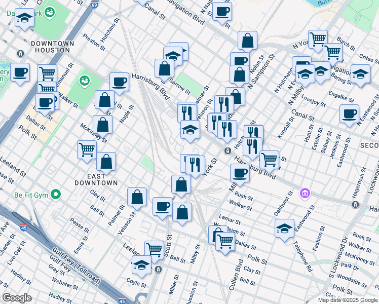 map of restaurants, bars, coffee shops, grocery stores, and more near 3306 Texas Street in Houston