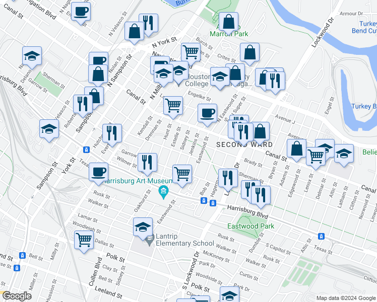map of restaurants, bars, coffee shops, grocery stores, and more near 50 Jenkins Street in Houston