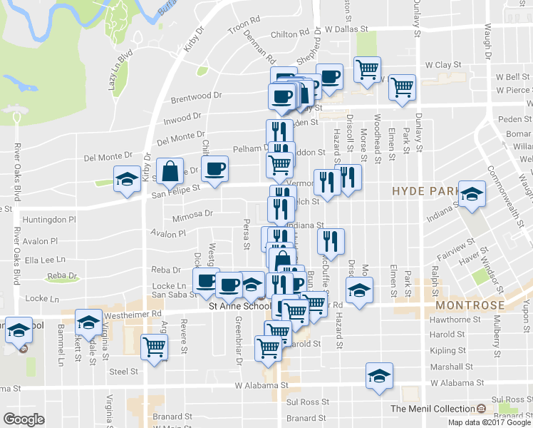 map of restaurants, bars, coffee shops, grocery stores, and more near 2111 Welch Street in Houston