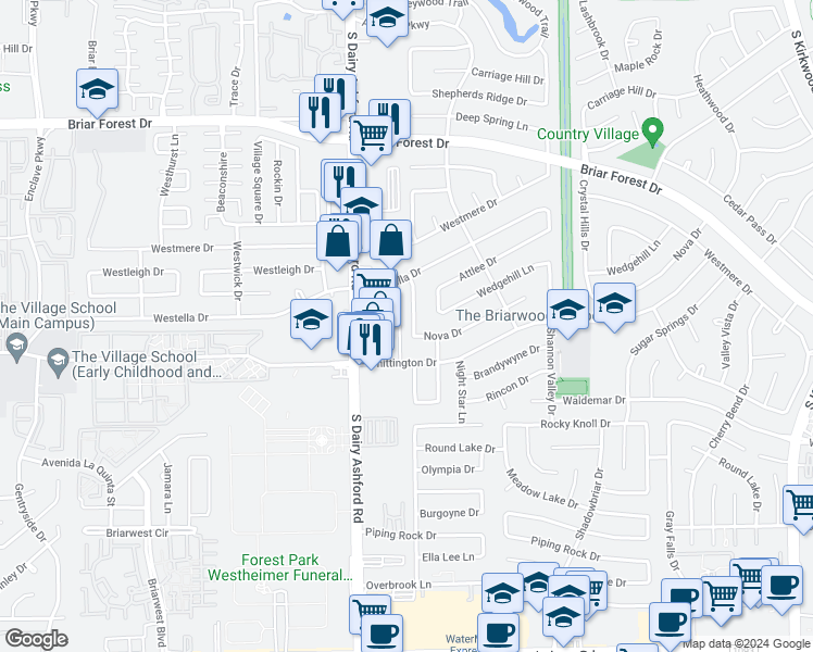 map of restaurants, bars, coffee shops, grocery stores, and more near 1722 Ashford Hollow Lane in Houston