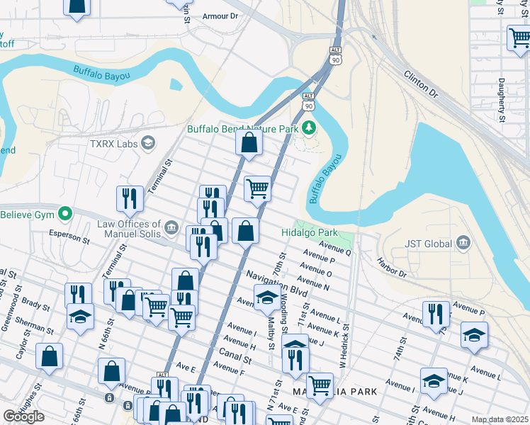 map of restaurants, bars, coffee shops, grocery stores, and more near 1801 South Sgt Macario Garcia Drive in Houston