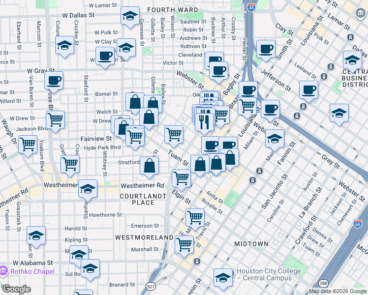 map of restaurants, bars, coffee shops, grocery stores, and more near 306 Dennis Street in Houston