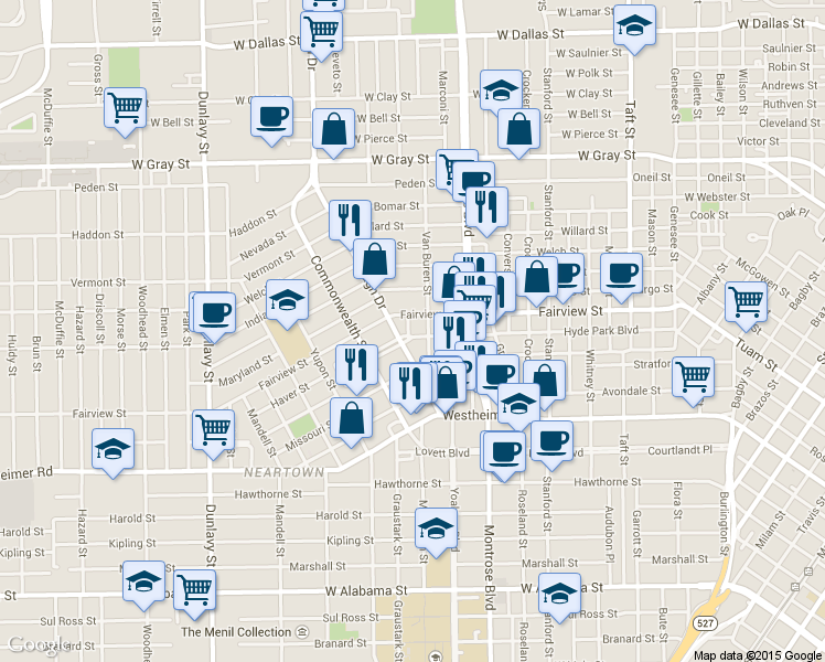 map of restaurants, bars, coffee shops, grocery stores, and more near 1305 Fairview Street in Houston