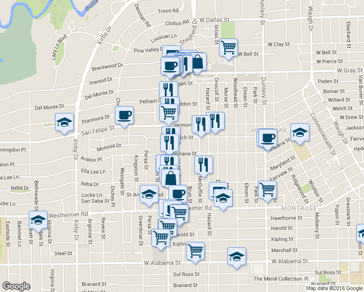 map of restaurants, bars, coffee shops, grocery stores, and more near 2002 Brun Street in Houston